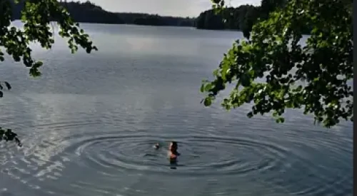 człowiek pływa w jeziorze